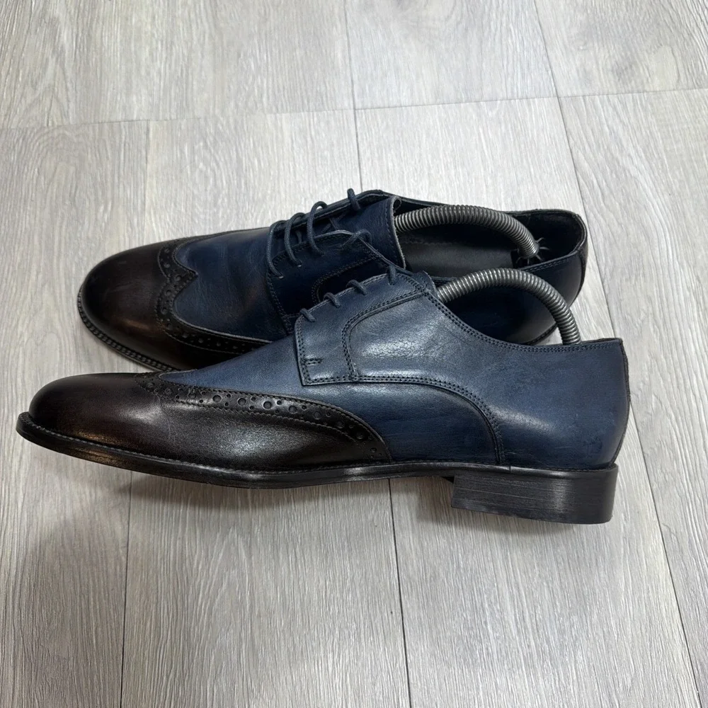 Mens Italian Made Brogue Leather Derby Oxford Dress Shoes Blue & Brown L&G Sz 42